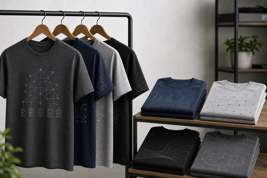 Several engineer-themed T shirts displayed on hangers and folded on a table