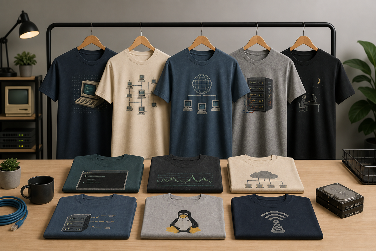 A group of retro-inspired IT shirts displayed on hangers and folded on a table in a clean studio setting