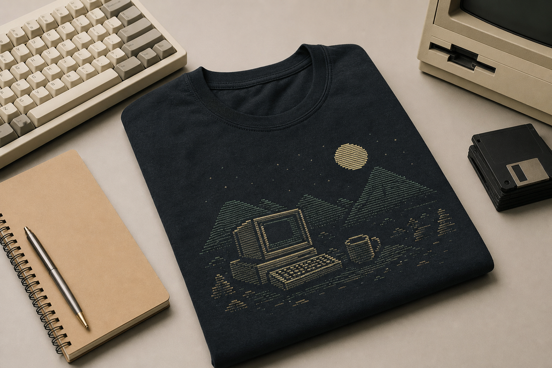 Folded programmer T-shirt beside a keyboard and notebook on a desk