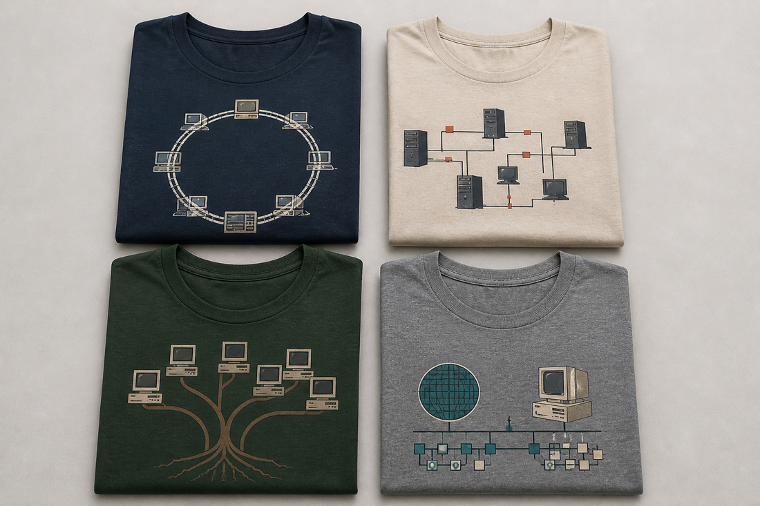 Several retro tech T-shirts arranged on a studio surface with design elements inspired by classic networking terms.