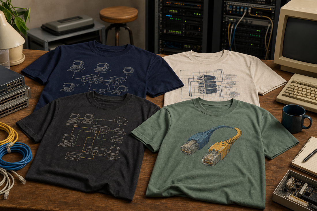 Several retro-inspired networking and enterprise tech t-shirts arranged on a table with old network equipment in the background
