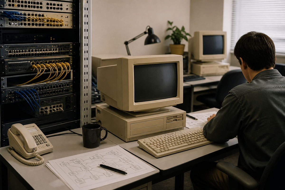 Retro enterprise computing workspace with beige computers, CRT monitors, and network equipment