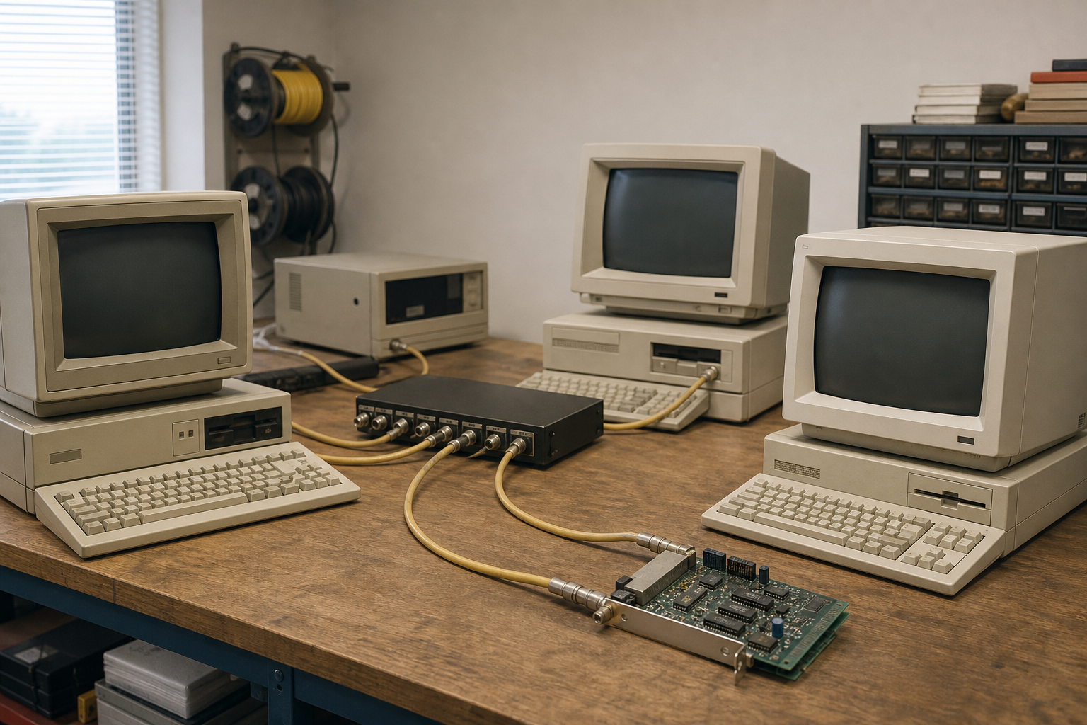 Vintage computer networking equipment with beige PCs, cables, and hub hardware on a desk