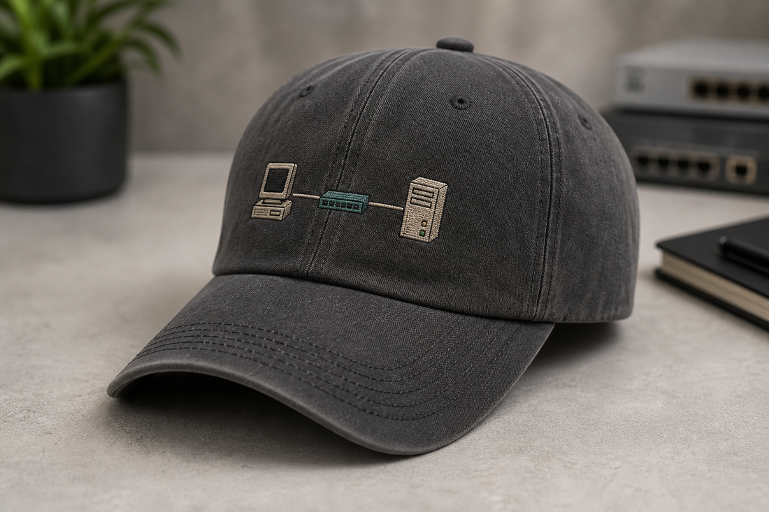 A curved-brim baseball cap with a subtle retro IT themed embroidered design on a neutral surface