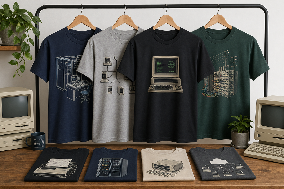 Several retro computer geek T-shirts displayed on hangers and folded on a table