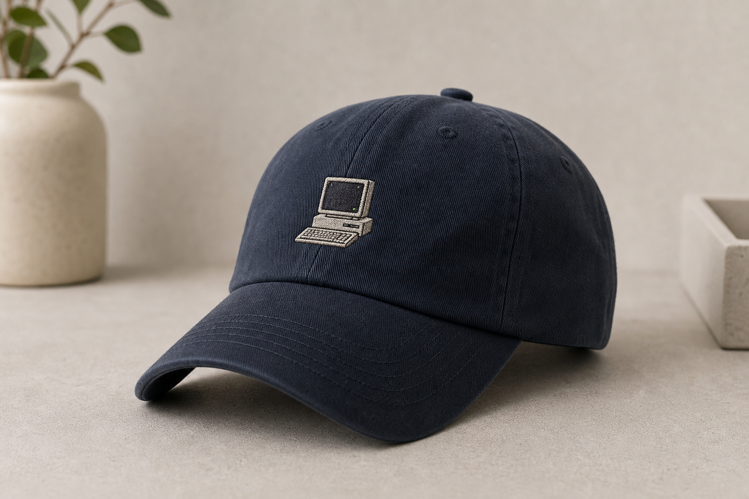 A neutral dad cap with small retro IT style embroidery on the front placed on a clean surface.