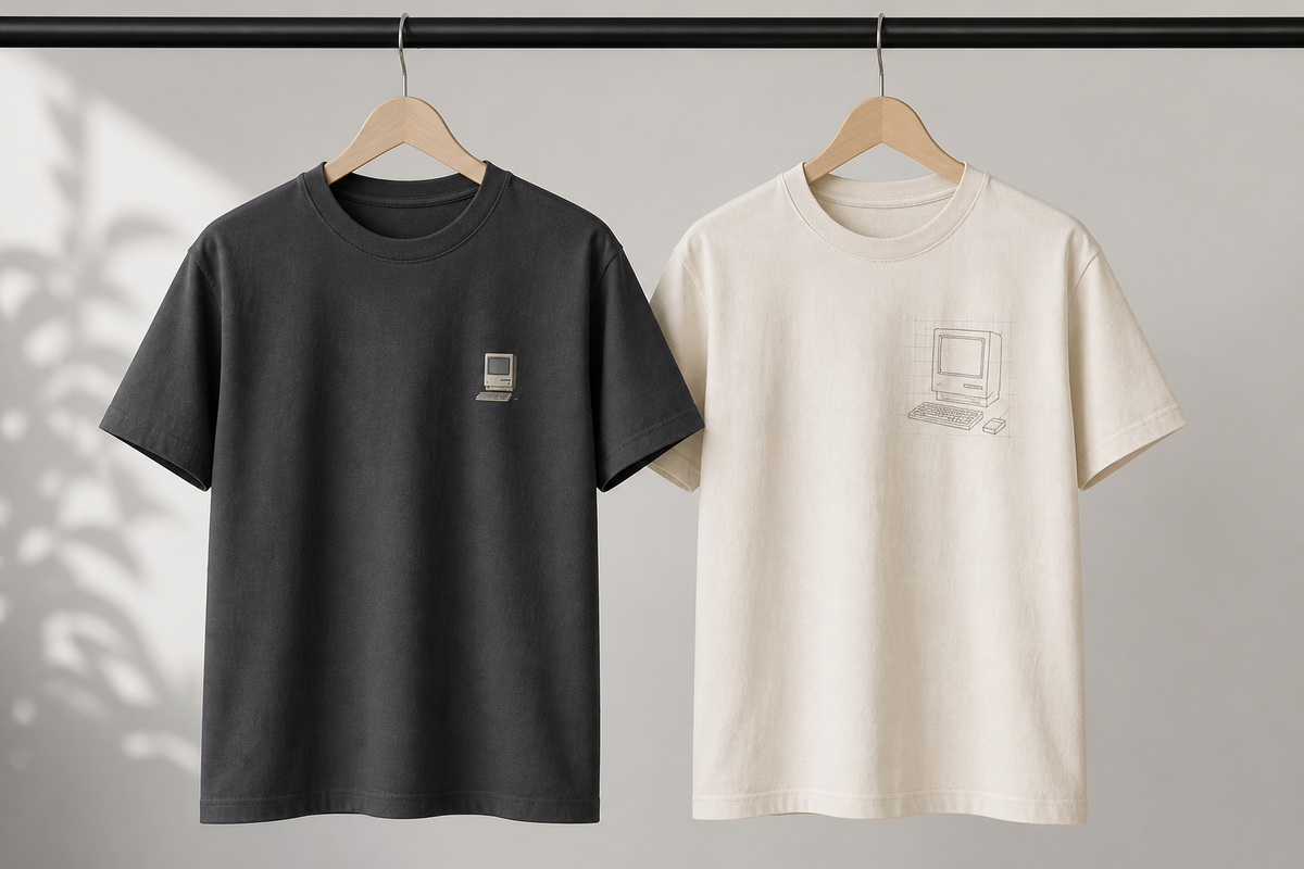Two understated retro tech T-shirts with small chest decoration hanging against a neutral background