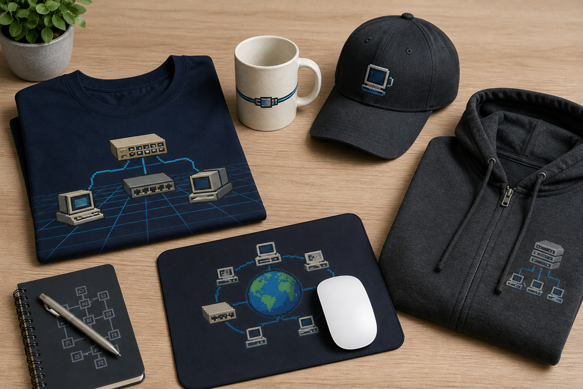 Flat lay of IT-themed gifts including a t-shirt, mug, baseball cap, mousepad, and hoodie on a desk