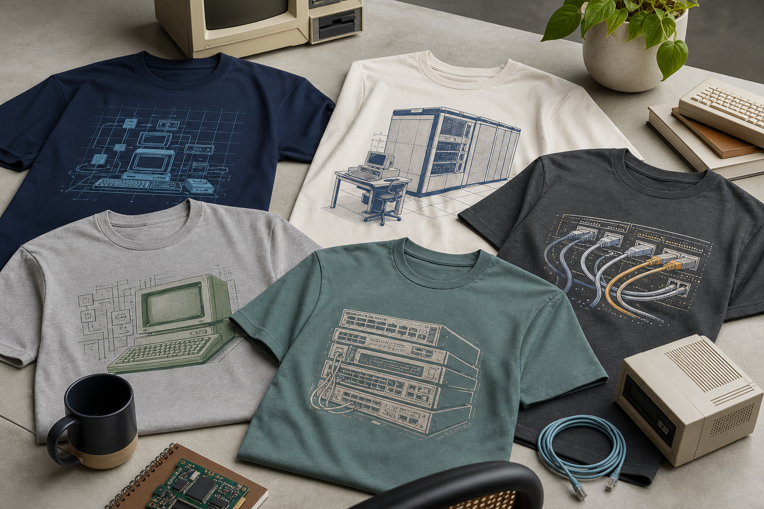 Several retro IT themed t-shirts laid out on a table in soft light