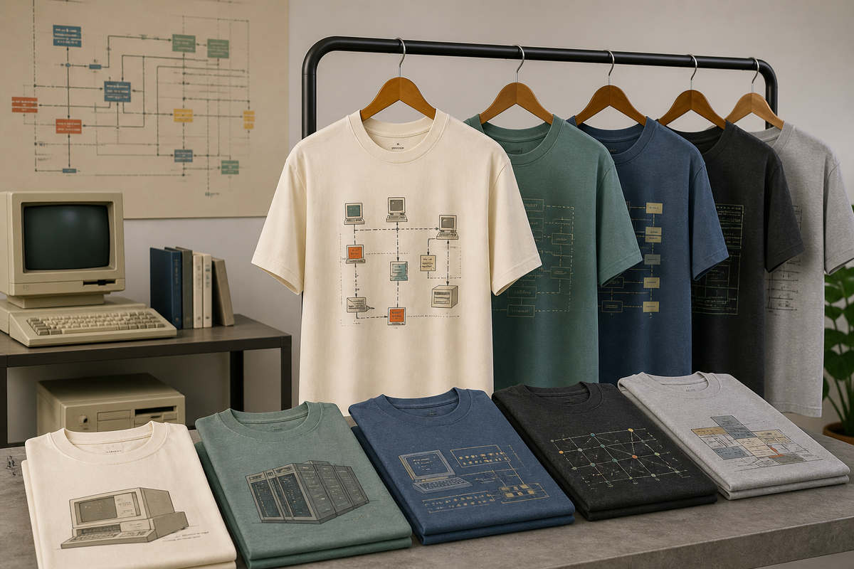 Several retro technology themed T-shirts displayed in a clean studio with soft lighting.