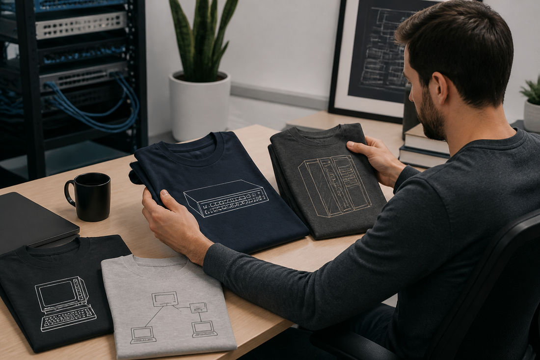 Engineer comparing understated tech humor T-shirts on a desk