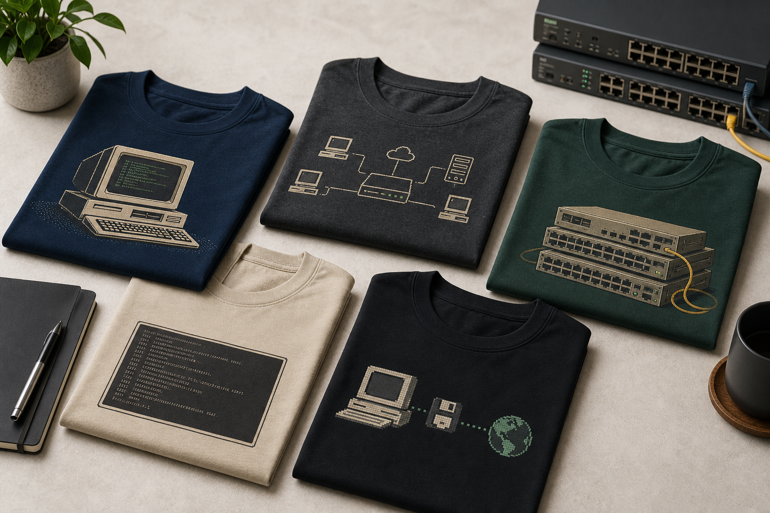 Several folded retro IT themed T-shirts arranged on a table with soft lighting.