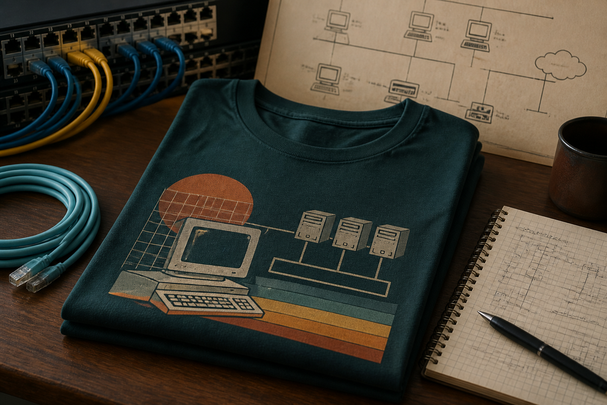 Folded retro network engineer T-shirt on a desk with Ethernet cable and networking notes