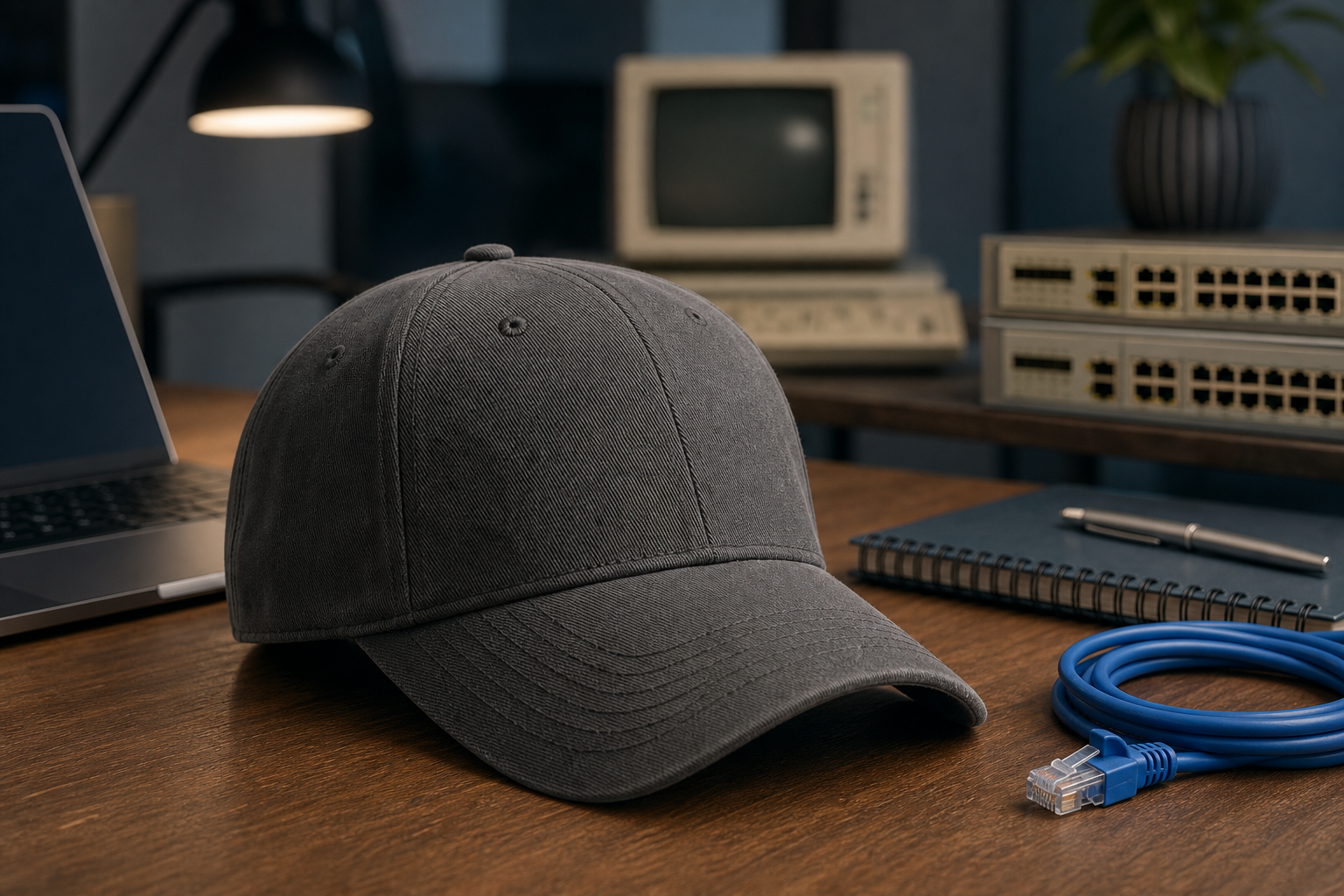 A baseball cap on a desk next to a laptop, ethernet cable, and notebook