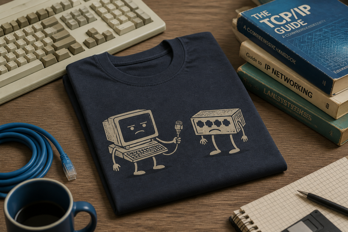 A folded retro tech humor t-shirt on a desk with an old keyboard, ethernet cable, and vintage computer items