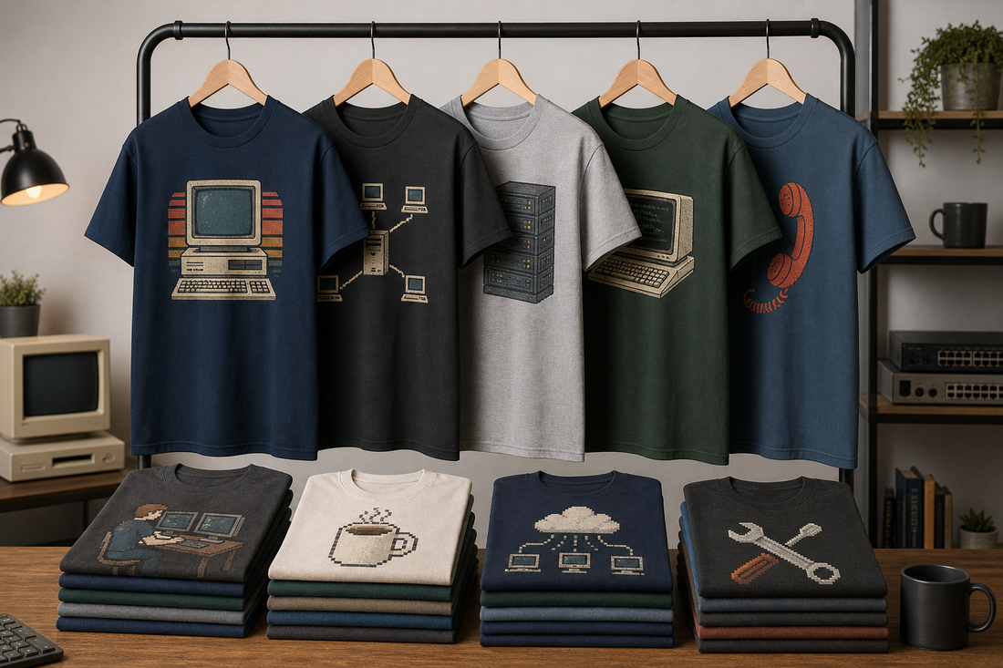 Several retro-inspired IT T-shirts arranged on hangers and folded on a table in a clean studio setting