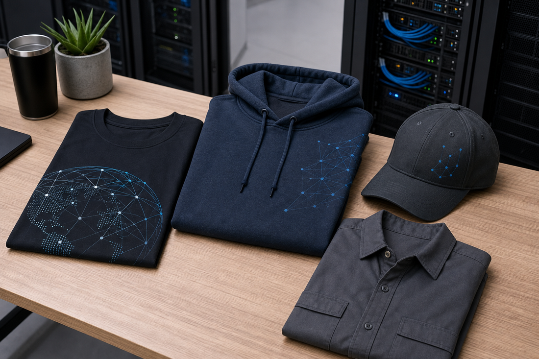 Folded T-shirt, hoodie, cap, and work shirt arranged as gift ideas for a data center team with server racks in the background.