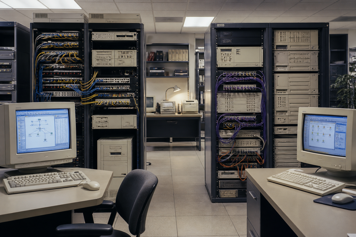 Vintage enterprise server room with beige servers, CRT monitors, and network equipment representing early LAN administration