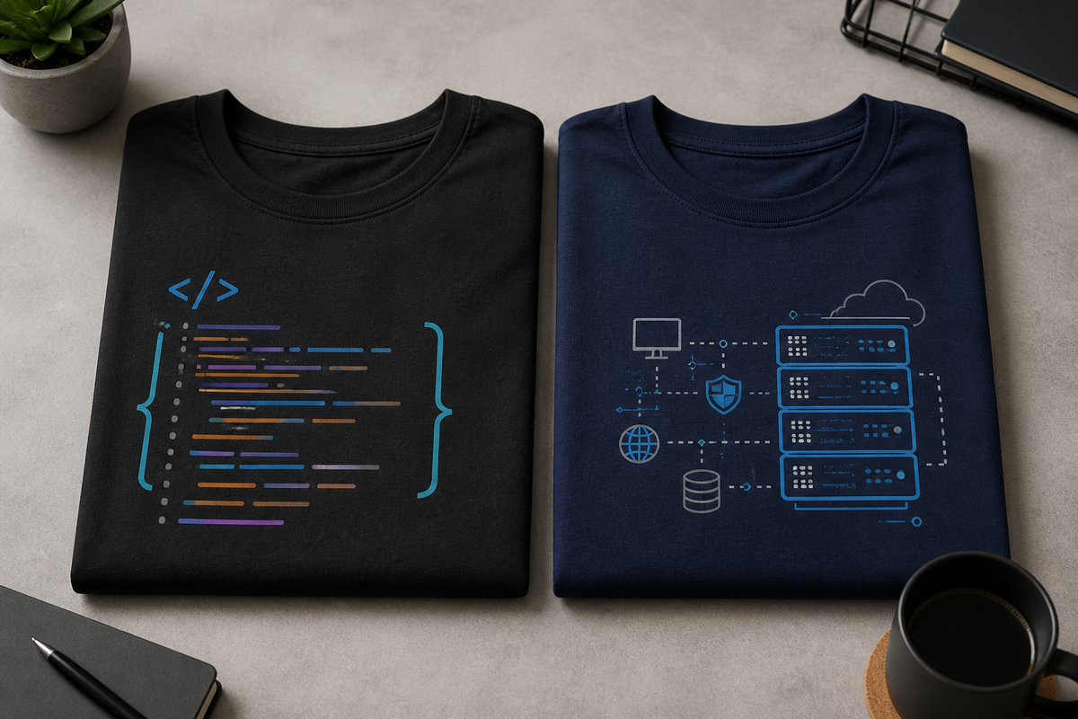 Two folded graphic t-shirts side by side, one with coding-themed imagery and one with server and network-themed imagery.