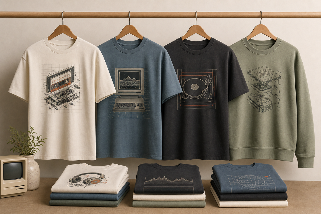 Retro-inspired apparel with muted colors and vintage-style graphic designs displayed on hangers and folded on a table.