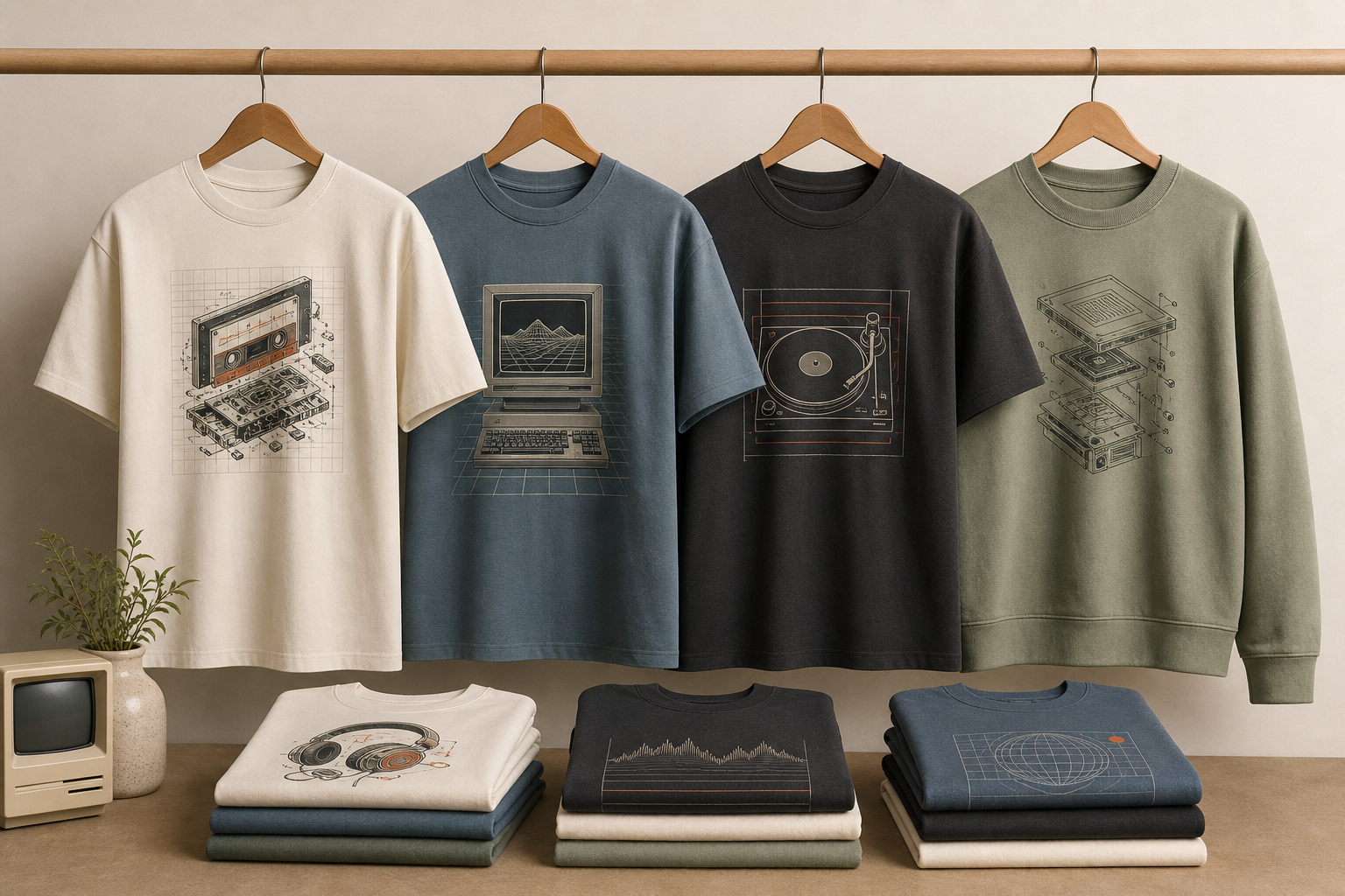 Retro-inspired apparel with muted colors and vintage-style graphic designs displayed on hangers and folded on a table.