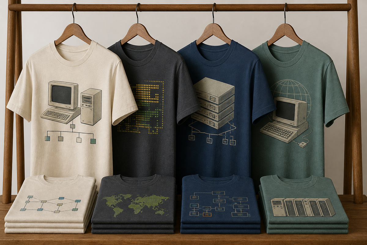 Several retro computer shirts with muted colors and legacy networking inspired graphics arranged on a rack and table