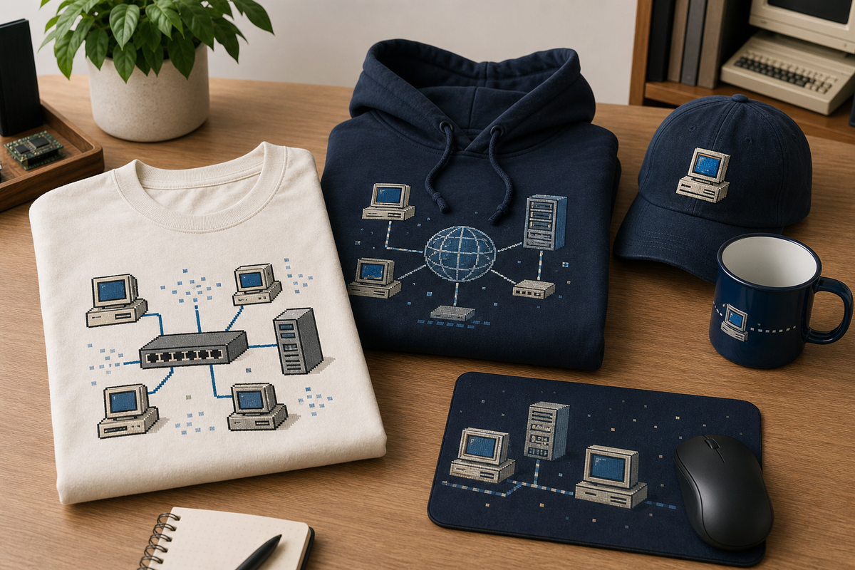 Folded retro tech T-shirt, hoodie, cap, mug, and mousepad arranged on a desk