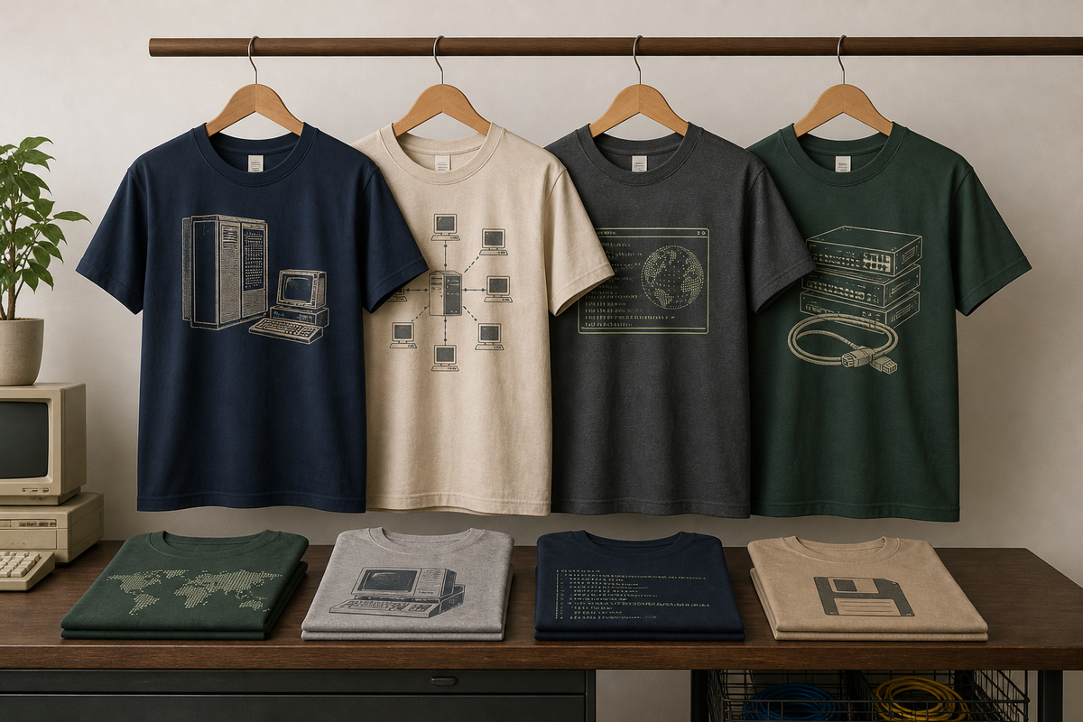 Several retro IT themed t-shirts displayed on hangers and folded on a table