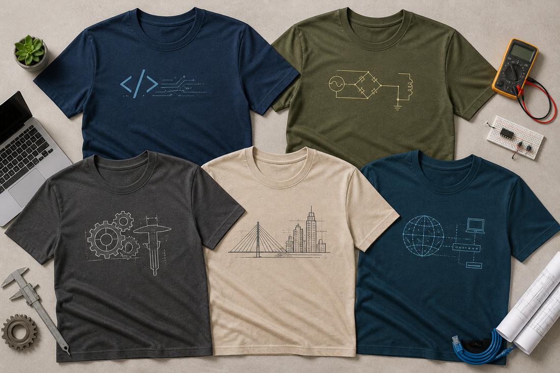 Several engineer-themed T-shirts arranged on a neutral surface, each representing a different engineering specialty