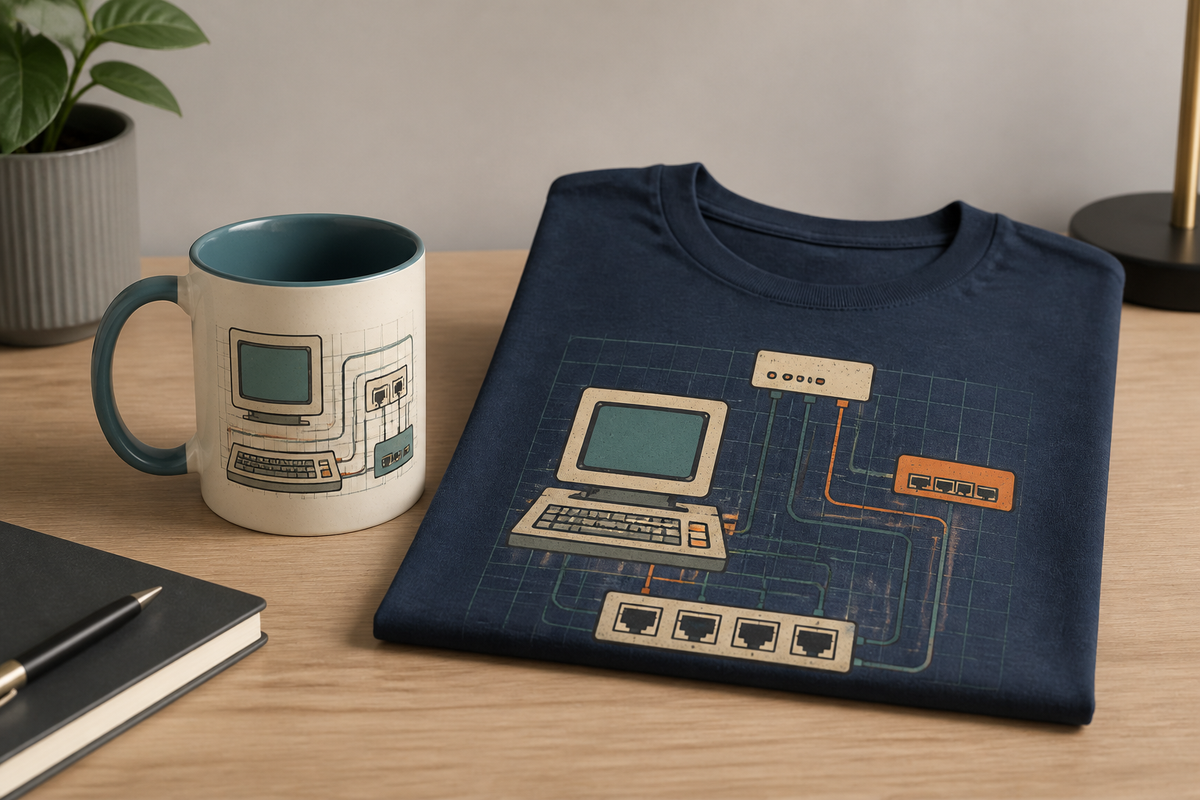 A retro tech mug next to a folded graphic T-shirt on a clean desk.