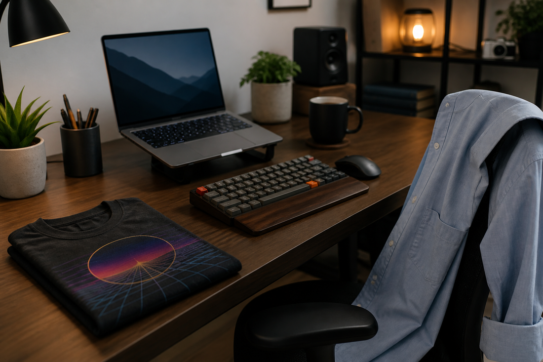 Home office desk with a tech T-shirt, collared work shirt, laptop, keyboard, and mug