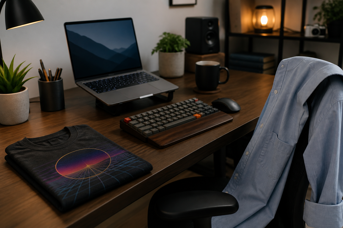 Home office desk with a tech T-shirt, collared work shirt, laptop, keyboard, and mug