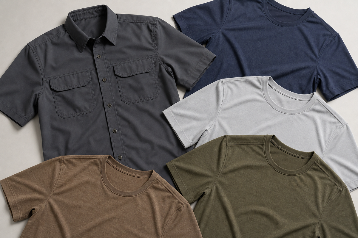 Several technical shirts laid flat, including a short sleeve work shirt and casual tees