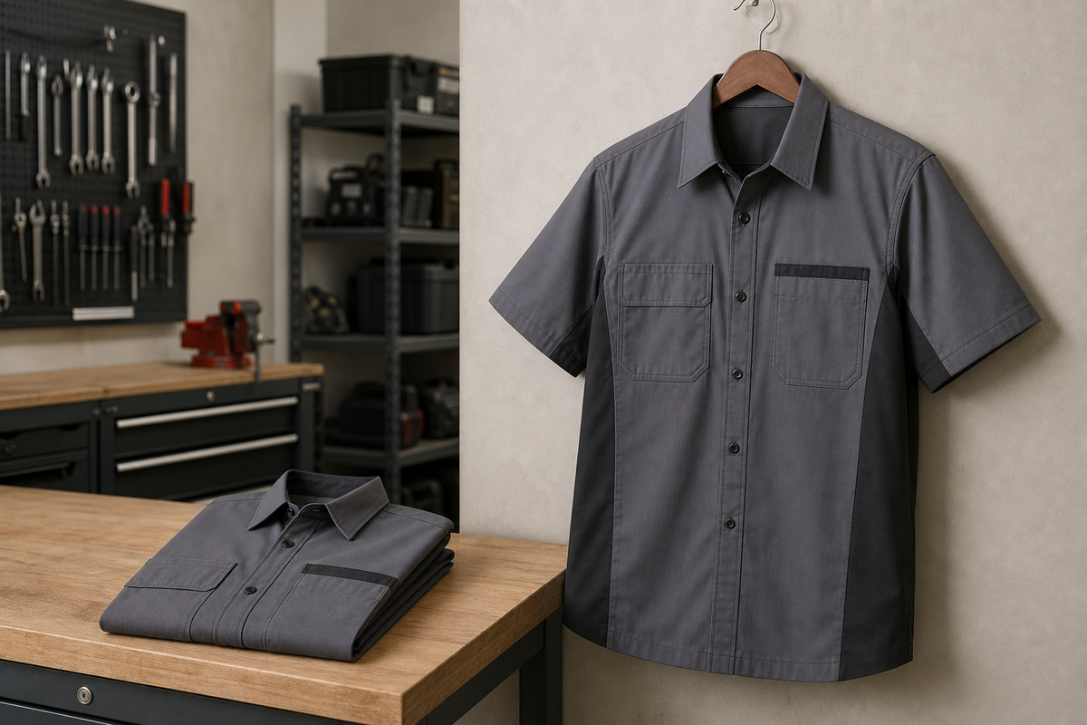 Short sleeve technician work shirt displayed on a hanger and folded on a workbench