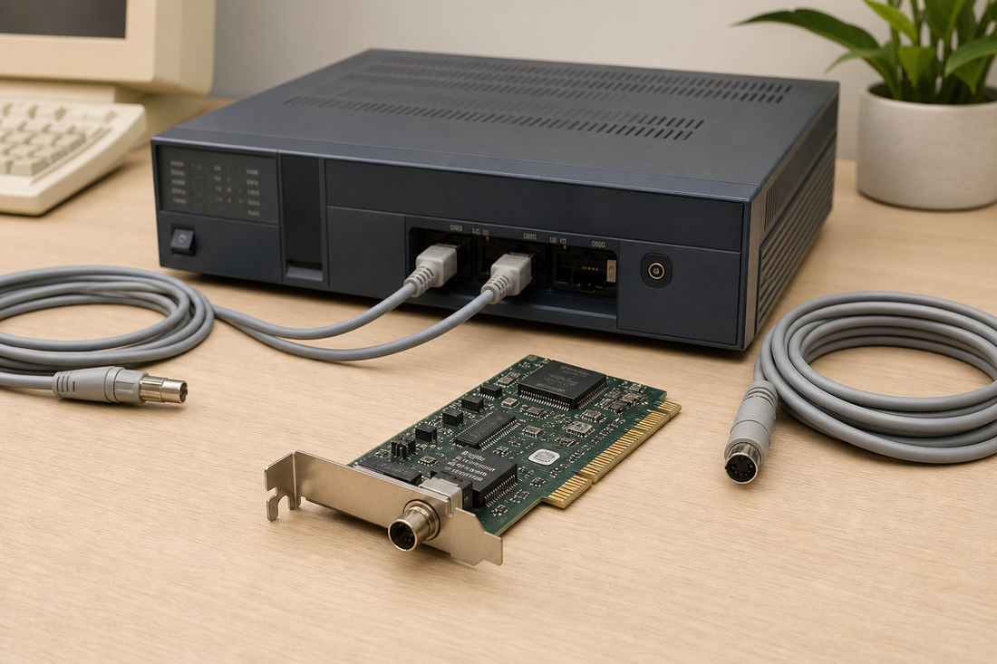 Vintage enterprise networking hardware associated with Token Ring on a desk