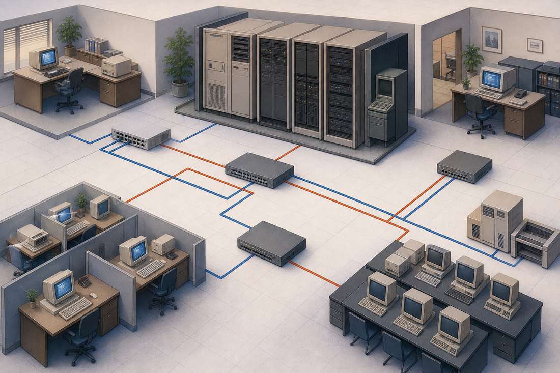 Illustration of legacy servers, routers, and workstations connected in a Banyan VINES enterprise network