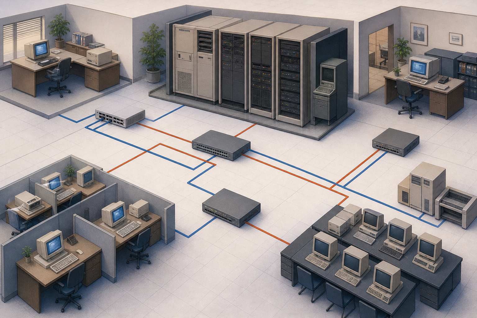Illustration of legacy servers, routers, and workstations connected in a Banyan VINES enterprise network