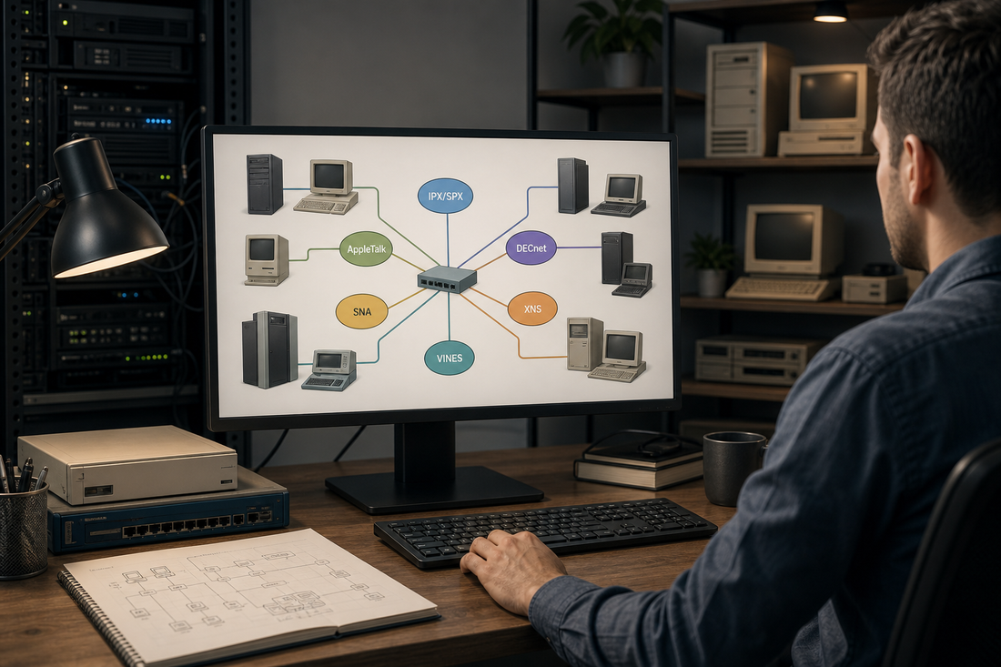 Diagram of legacy network protocols connecting older servers and workstations on a desk
