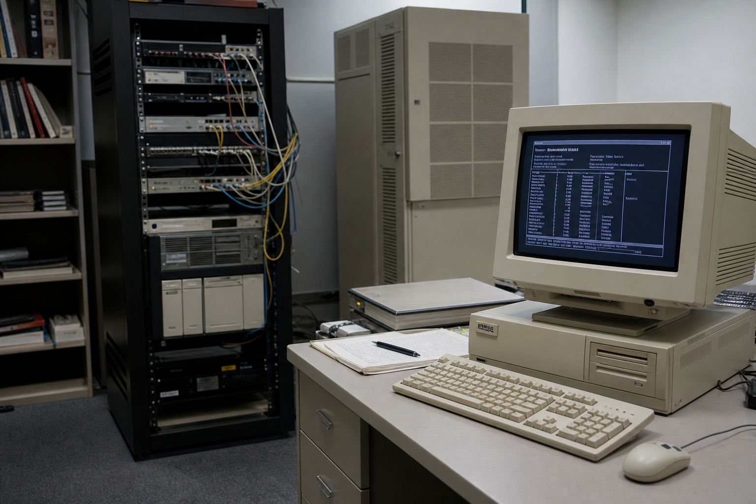 Vintage office network server setup with beige computer hardware and a CRT monitor
