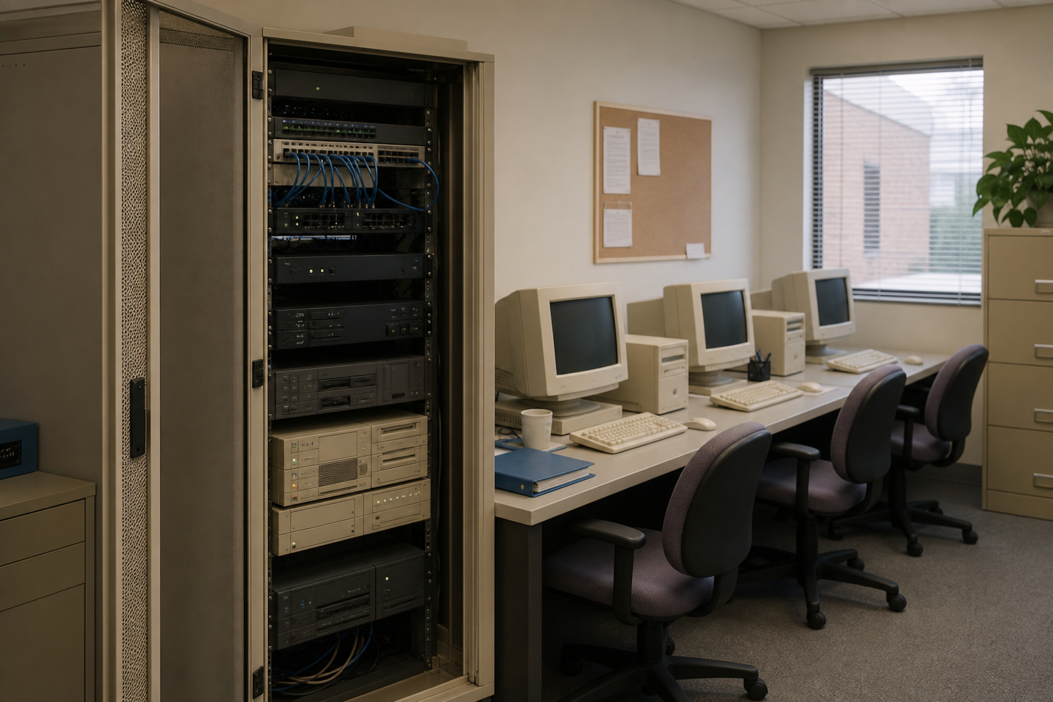 Retro office network setup with server hardware and desktop computers