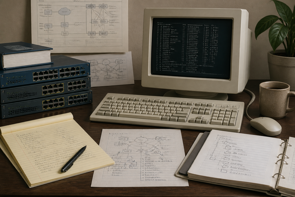 Vintage enterprise networking desk with CRT monitor, keyboard, and printed network notes