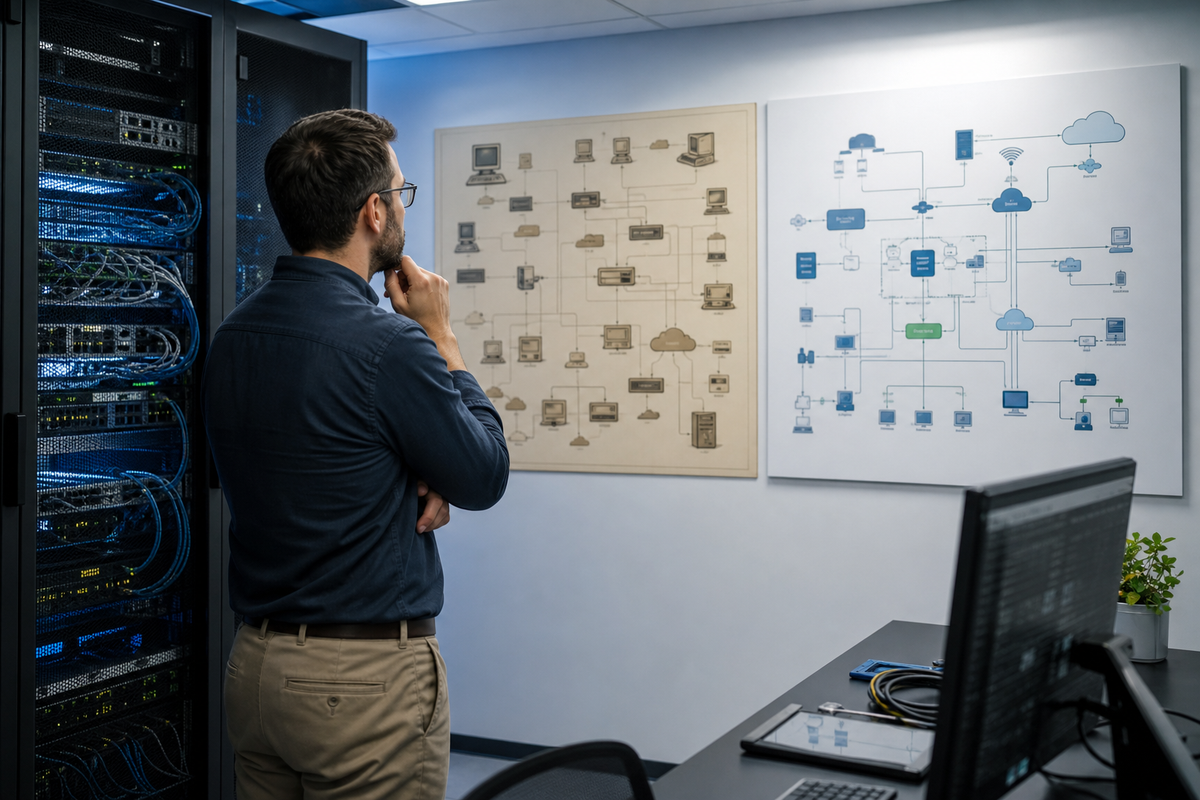 Network engineer reviewing legacy and modern protocol diagrams in a server room