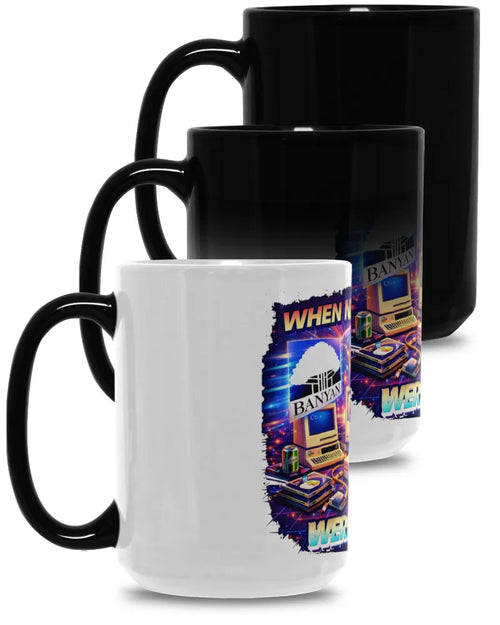 When Networks Were Rad! 15oz black ceramic magic mug with heat-reveal full-wrap retro network graphic
