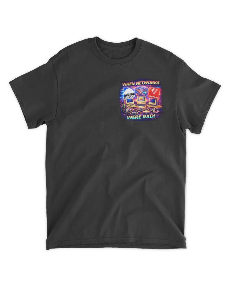 When Networks Were Rad! retro IT T-shirt with upper left graphic on a cotton crew neck tee