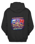 When Networks Were Rad! unisex hoodie with retro IT graphic, 3-panel hood, kangaroo pocket, and fleece-lined interior