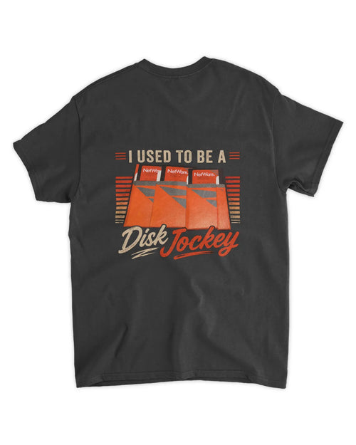 Black t-shirt featuring a graphic print with "I Used to Be a Disk Jockey" and vintage NetWare boxes.