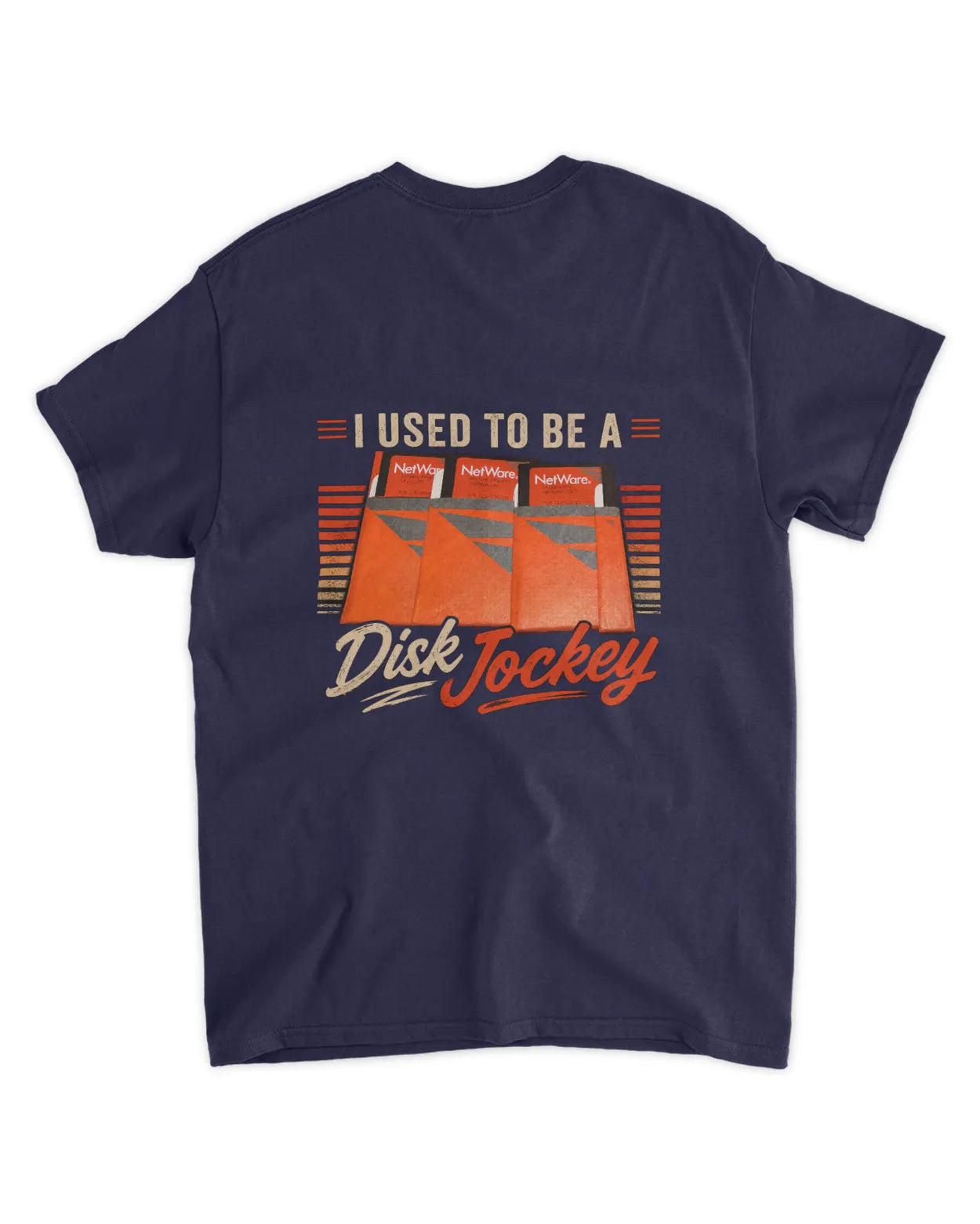 Dark navy t-shirt featuring the phrase "I Used to Be a Disk Jockey" with vintage-style graphics of floppy disks.