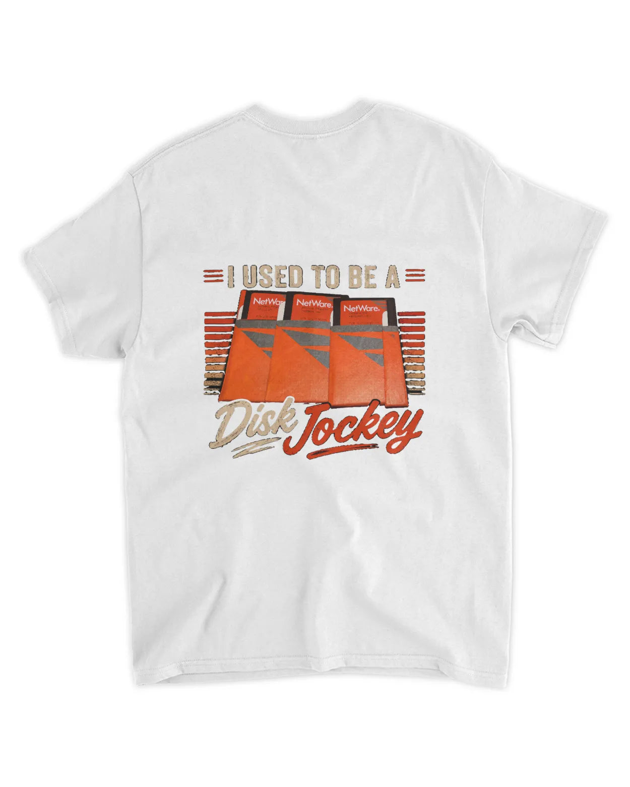 White t-shirt with the slogan "I Used to Be a Disk Jockey" and graphic of orange disk boxes. Casual fit with a soft cotton feel.