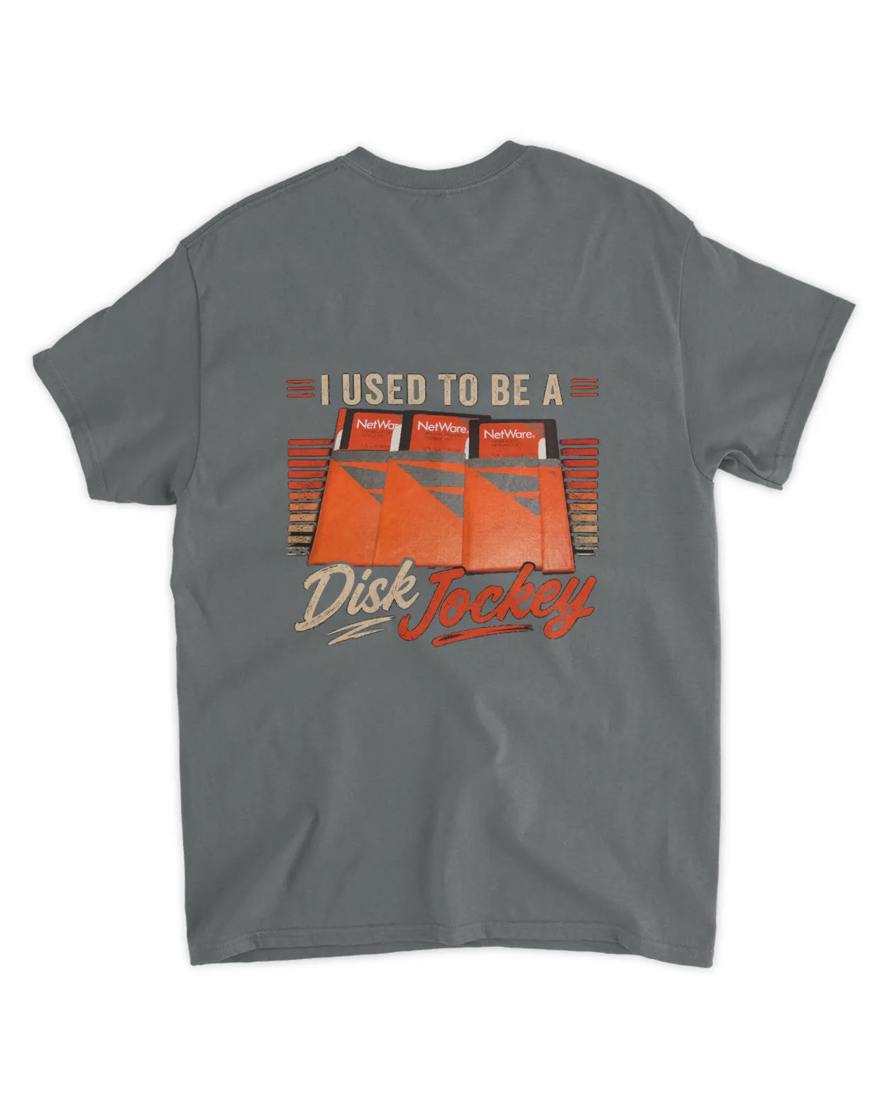 Dark grey t-shirt featuring retro "I Used to Be a Disk Jockey" graphic with orange and red accents and old computer graphics.