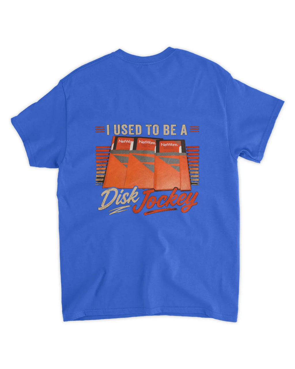 Blue t-shirt featuring a graphic of orange floppy disks and the text "I used to be a Disk Jockey" in retro style.